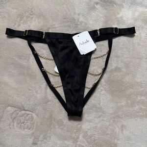 Aubade Black Satin Thong with Gold Chain Detail